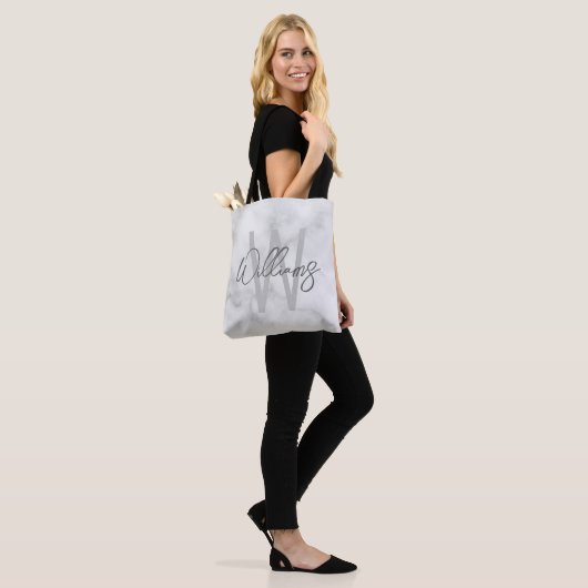 White Marble Script Specialized Monogram and Name Tote Bag (Op model)