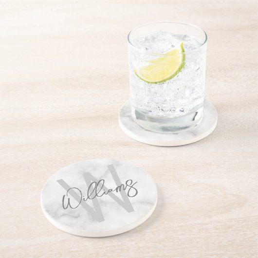 White Marble Script Specialized Monogram and Name Zandsteen Onderzetter (Zijkant)