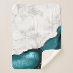 White marble Silver Glitter Blauwgroen Blue Agate Sherpa Deken
