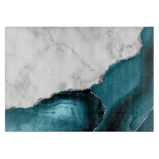 White marble Silver Glitter Blauwgroen Blue Agate Snijplank (Voorkant)