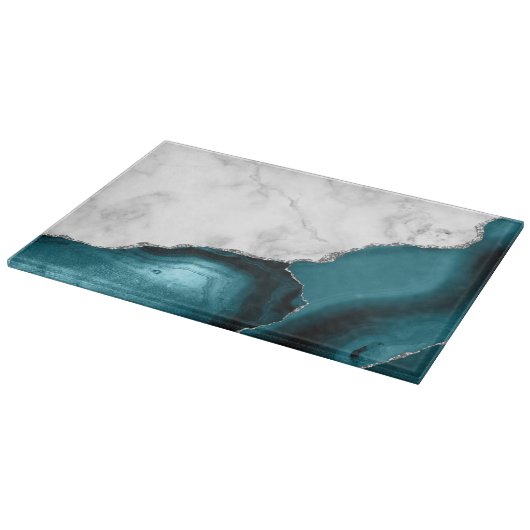 White marble Silver Glitter Blauwgroen Blue Agate Snijplank (Hoek)