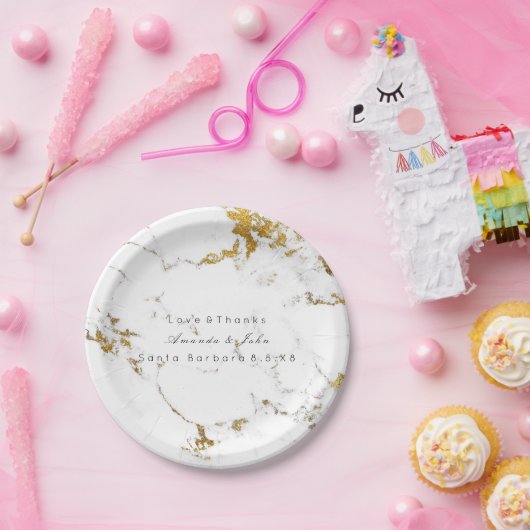 White marble Stone Carrara Golden Strokes Minimal Papieren Bordje (Feest)