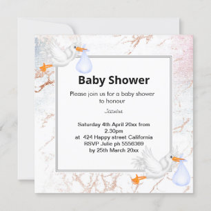 White Marble Stork baby shower Kaart