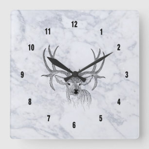 White marble Texture & Black Deer Illustration Vierkante Klok