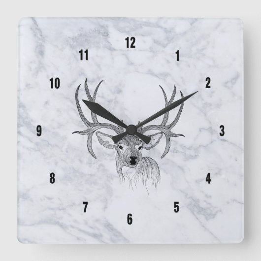 White marble Texture & Black Deer Illustration Vierkante Klok (Voorkant)