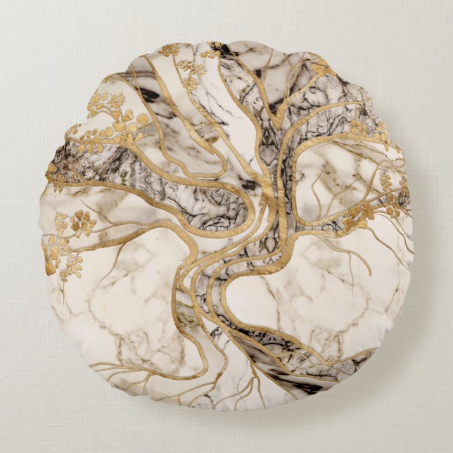 White Marble Tree of Life Abstract Rond Kussen (Voorkant)