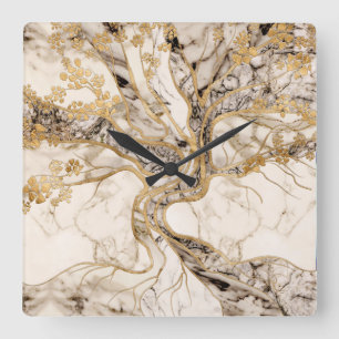 White Marble Tree of Life Abstract Vierkante Klok