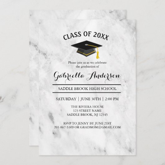 White Marble Trendy Afstuderen Invitation Kaart (Voorkant / Achterkant)