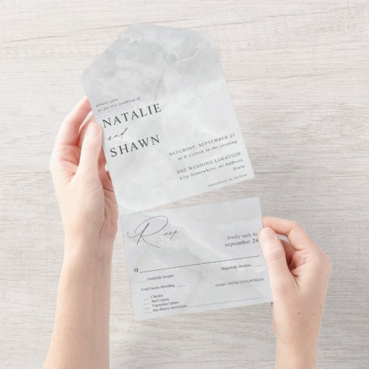 White marble Wedding All In One Uitnodiging (Afscheurbaar)