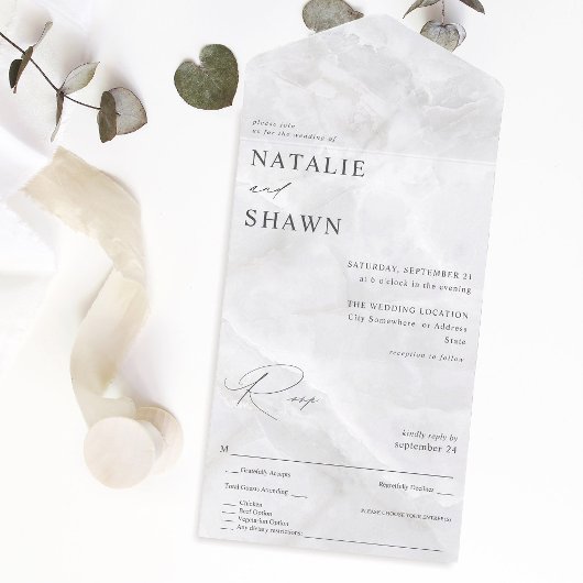 White marble Wedding All In One Uitnodiging