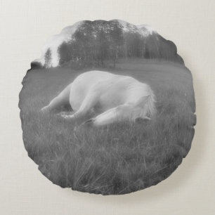 White Mare Resting in Field op een paarse Ranch Rond Kussen