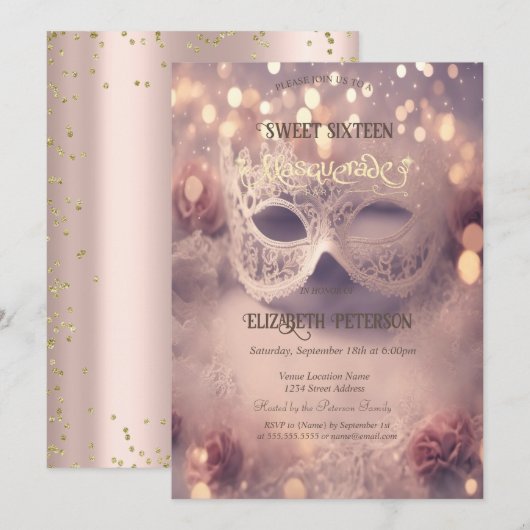 White Masque Diamonds Roos Gold Sweet 16 Kaart (Voorkant / Achterkant)