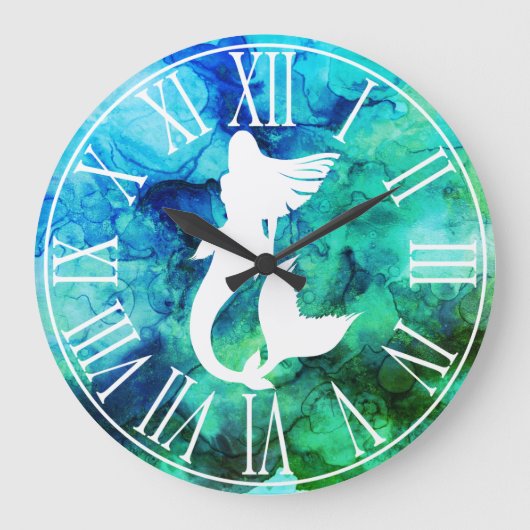 White Mermaid Silhouette & Ocean Swirls Grote Klok (Voorkant)