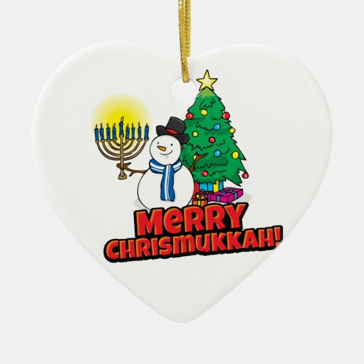 White Merry Chrismukkah met Snowman en Menorah Keramisch Ornament (Voorkant)