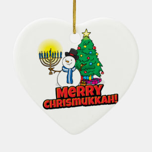 White Merry Chrismukkah met Snowman en Menorah Keramisch Ornament