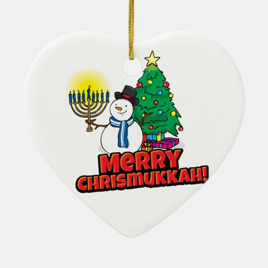 White Merry Chrismukkah met Snowman en Menorah Keramisch Ornament (Achterkant)