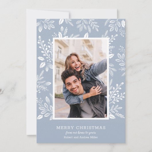 White Merry Kerstmis Blauwe Foto Feestdagenkaart (Voorkant)