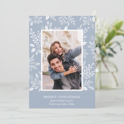 White Merry Kerstmis Blauwe Foto Feestdagenkaart (Staand voorkant)