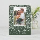 White Merry Kerstmis op Green Photo Feestdagenkaart (Staand voorkant)