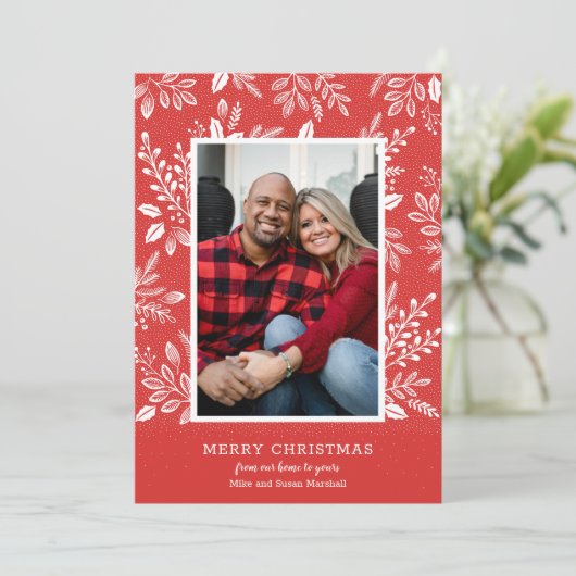 White Merry Kerstrode foto Feestdagenkaart (Staand voorkant)