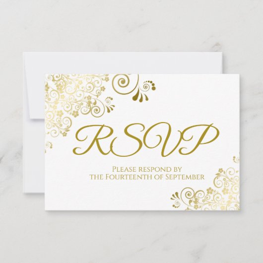 White met Elegant Gold Lace Frilly Wedding RSVP Kaartje (Voorkant)