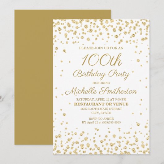 White met Gold Glitter 100th Birthday Party Kaart (Voorkant / Achterkant)