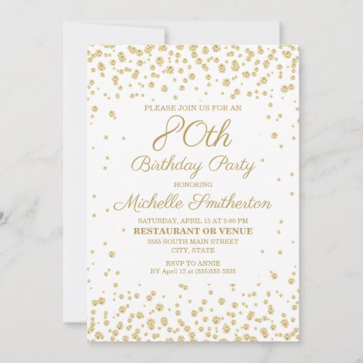 White met Gold Glitter 80th Birthday Party Kaart (Voorkant)