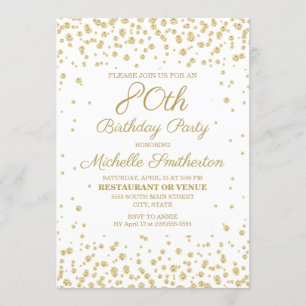 White met Gold Glitter 80th Birthday Party Kaart