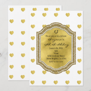 White met Gold Hearts Birthday Party Invitations Kaart