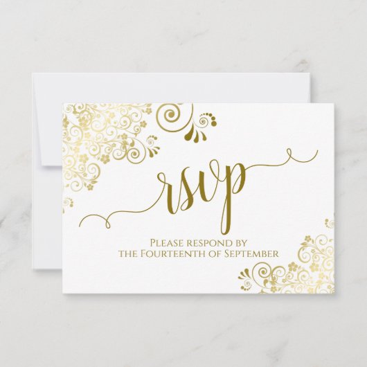 White met Gold Lace Elegant Calligraphy Wedding RSVP Kaartje (Voorkant)