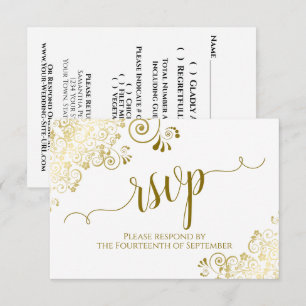 White met Gold Lace Elegant Calligraphy Wedding RSVP Kaartje