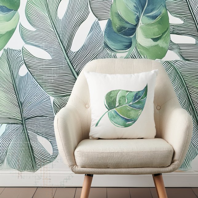 White met Green Leaf Design Sierkussen (STYLISH BOTANICAL PRINT!)