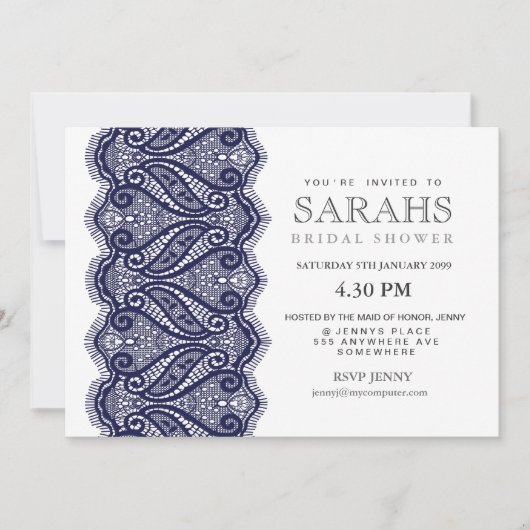 White met Navy Lace Vrijgezellenfeest Party Invite Kaart (Voorkant)