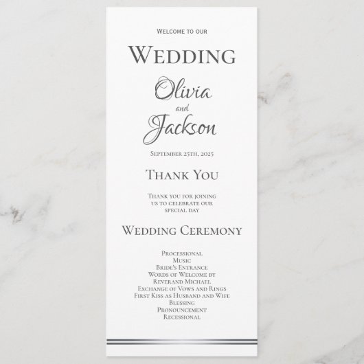 White met Silver Grey Wedding Programmakaart (Voorkant)
