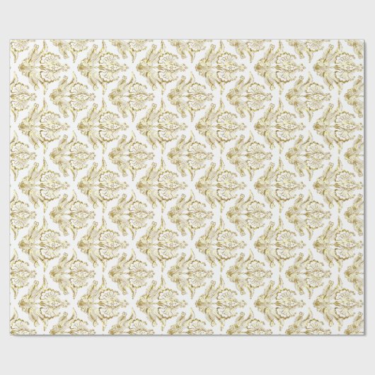 White & Metallic Gold Foil look Floral Damasvaten Cadeaupapier (Vlak)