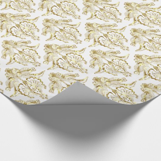 White & Metallic Gold Foil look Floral Damasvaten Cadeaupapier (Hoek)