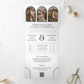 White Minimal Arch Photo QR code Wedding Drieluik Uitnodiging (Binnen)