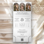 White Minimal Arch Photo QR code Wedding Drieluik Uitnodiging