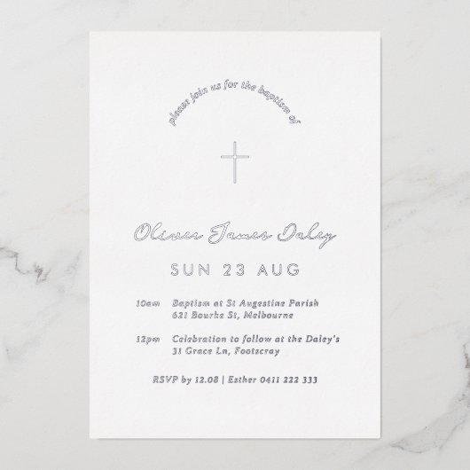 White Minimal Baptism Christening Cross Uitnodigin Folie Uitnodiging (Voorkant)