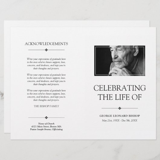 White Minimal Celebration of Life Funeral Programm (Voorkant / Achterkant)