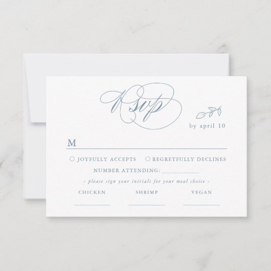 White Minimal Leaf Blue Font & QR Code RSVP Card (Voorkant)