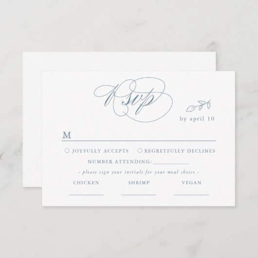 White Minimal Leaf Blue Font & QR Code RSVP Card (Voorkant / Achterkant)