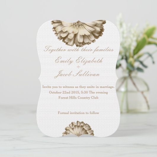 White Minimal met Gold Daisy geïnspireerd huwelijk Save The Date (Staand voorkant)