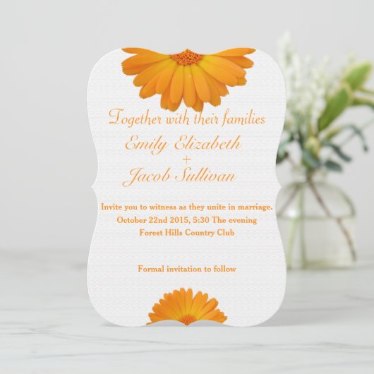 White Minimal met Yellow Daisy Geïnspireerd huweli Save The Date (Staand voorkant)