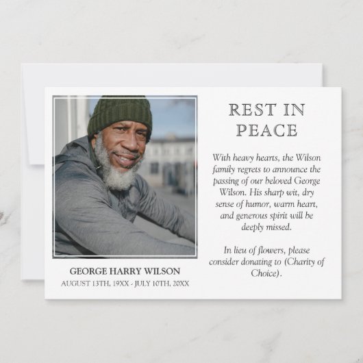 White Minimal Photo Rest in Peace Notice Aankondiging (Voorkant)