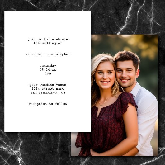 White Minimalist Avant-Garde Foto op Back Wedding Kaart