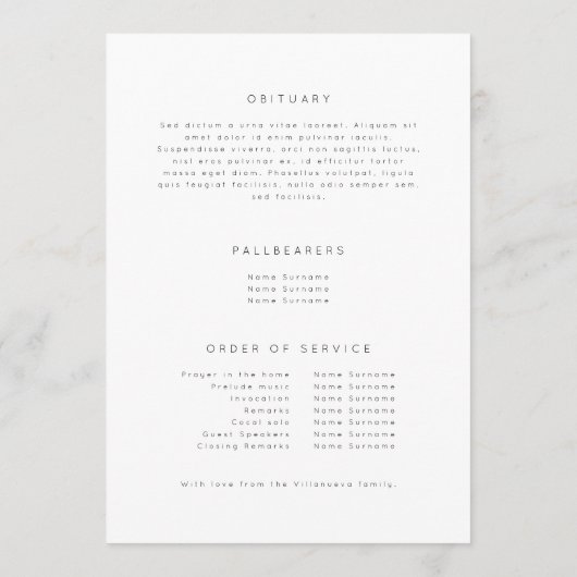 White minimalist bij het liefdevol geheugen-begraf programmakaart (Achterkant)