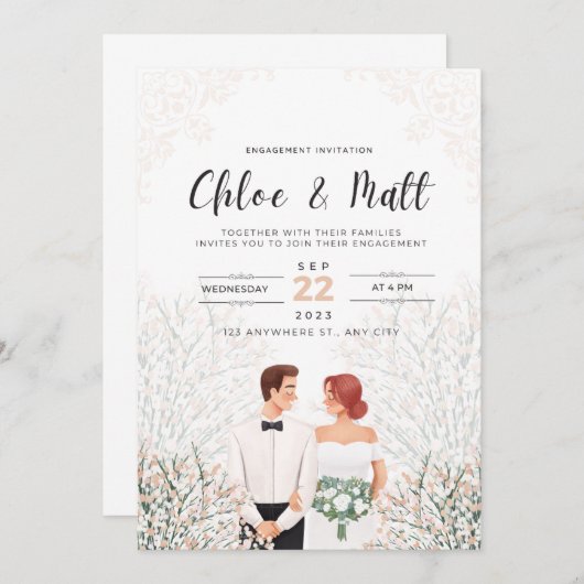 White Minimalist Engagement Party Uitnodiging (Voorkant / Achterkant)