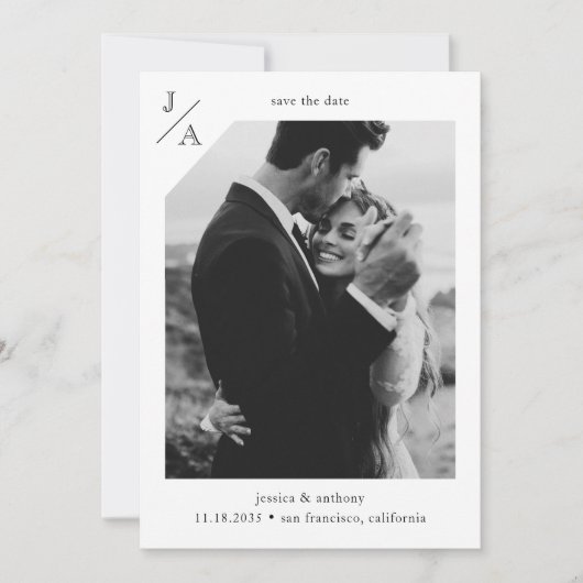 White minimalist Modern Monogram Foto Save The Date (Voorkant)