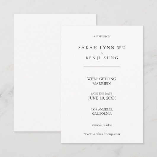 White minimalist Modern Save The Date (Voorkant / Achterkant)